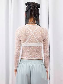 COUREZ Áo dài tay cổ khoét trước phối ren ôm sát / Phong cách Y2K cho nữ, Áo kiểu dễ thương để đi chơi, Áo mùa xuân, Áo thanh lịch, Áo dễ thương - trắng - Xem 3