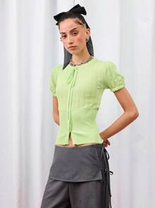 COUREZ Puff Sleeve Front Tie Knit Top /Y2K  Women Clothes  Clothes Cute Tops  Tops Going Out Tops Tie Front Top - Yellow - View 2