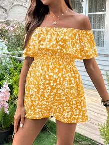 SHEIN Ruched Shoulder Ruched Waist Floral Maternity Jumpsuit - Yellow - View 4