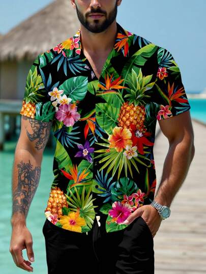 Manfinity RSRT Camisa de manga corta para hombre de corte regular con estampado digital de elementos combinados de plantas tropicales y piñas, estilo de moda casual y maduro, adecuada para el verano, actividades al aire libre, citas, fiestas, combinar con la pareja, regalo para el novio