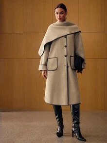 MOTF PREMIUM FASHIONABLE RETRO CONTRAST TRIM OVERCOAT - Brown - View 5