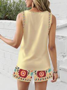 2pcs Women Vintage Floral Retro Print Vest Set, Comfortable Flower Pattern Suit, Casual Vacation Summer/Spring - Multicolor - View 2
