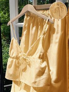 Comfortcana 2件套黄色条纹梭织女士度假休闲套装 - 黃色 - 查看 3