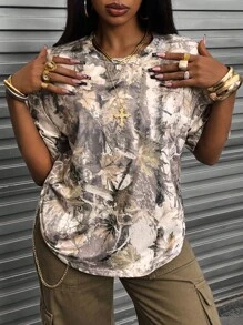 INAWLY Women Casual Distressed Branch Allover Print Short Sleeve T-Shirt - Multicolor - View 3