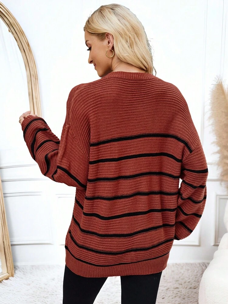 Women Casual Minimalist Striped Lantern Sleeve Crew Neck Sweater