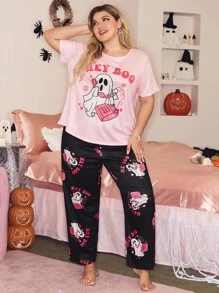 SweetSlumber Plus Size Cute Halloween Ghost "Hey Boo" Print Crew Neck Pajama Set Ghost Pajamas Halloween Pajamas - Multicolor - View 5