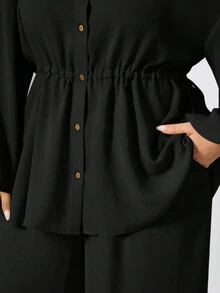 SHEIN Essnce Plus Size Women's Spring And Summer Fashion Casual Loose Comfortable Daily Cool Fabric Apricot Long Sleeve Button Waist Shirt And Wide Leg Pants Two Pieces Set, Conservative Clothing, Pants Set