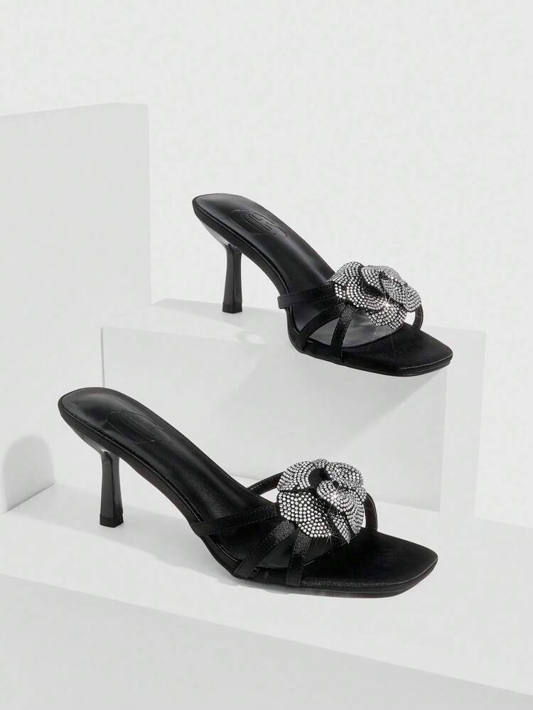 CUCCOO SZL Black Satin Satin Silver Rhinestone Camellia Thin Strap Sexy Elegant French Style Banquet High Heel Sandals
