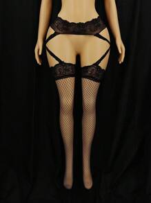 Sexy Black Cut Out Lace Detail Fishnet Thigh High Stockings - Black - View 1