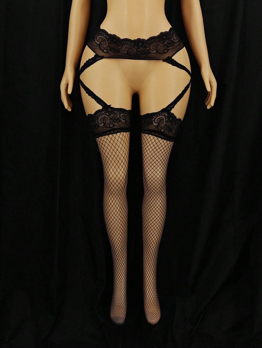 Sexy Black Cut Out Lace Detail Fishnet Thigh High Stockings - Black - View 1
