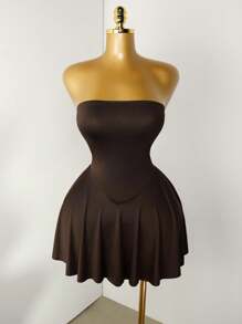 Mistrie Váy Bandeau màu trơn tối giản thời trang mùa hè dành cho nữ - Cà phê nâu - Xem 6