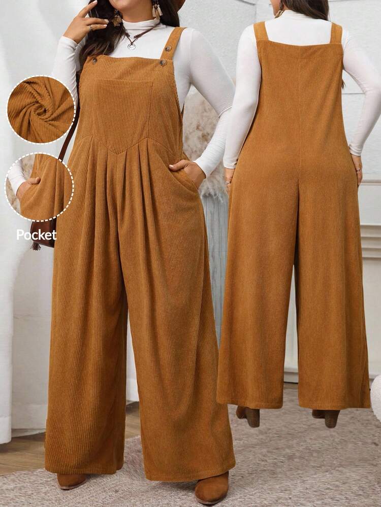 Plus Size Women Solid Color Pocket Pleated Wide Leg Loose Casual Jumpsuit Brown Jumpsuit Women Casual Jumpsuits For Woman