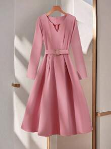 Franclia 女装春秋法式优雅高端V领百褶腰带修身长袖连衣裙 - 藕粉色 - 查看 1