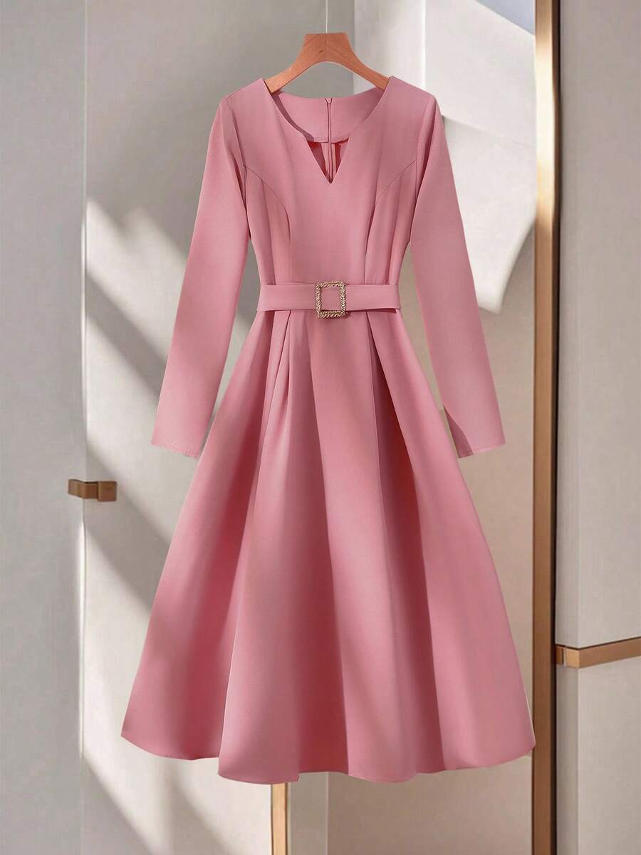 Franclia 女装春秋法式优雅高端V领百褶腰带修身长袖连衣裙 - 藕粉色 - 查看 1