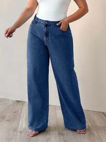 EURMUSE 100% 纯棉高腰阔腿大码牛仔裤 - 深色水洗藍 - 查看 3