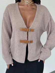 Firerie Women's Elegant Light Beige Cardigan,Autumn Front Contrast Leather Buckles Knitted Sweater,Dropped Shoulder Long Sleeve Brunch Top,Old Money Style - Apricot - View 3