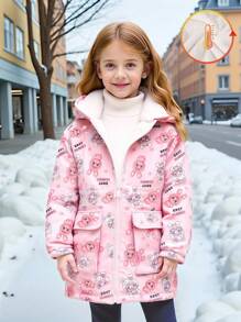 SHEIN Elladie kids 1 件年轻女孩可爱卡通印花粉色连帽运动衫，松紧腰带，保暖衬里，时尚简约设计，适合秋冬 - 粉色 - 查看 3
