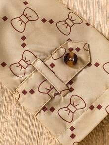 Elladie kids Young Girl Khaki Bow Print Thermal Lined Hooded Double-Breasted Fashion Coat, Suitable For Casual Daily Wear Fall Winter - Multicolor - View 6