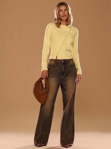 SHEIN BAE Women's Solid Color Oblique Collar Single-Breasted Casual Knitted Cardigan, Long Sleeve,Halloween,Halloween Clothes Women,Winter Clothes Women,Fall Sweaters,Fall Clothes For Women,Fall Fashion,Fall Women Sweaters, Yellow Sweater, Butter Yellow Top,Cute Sweater,