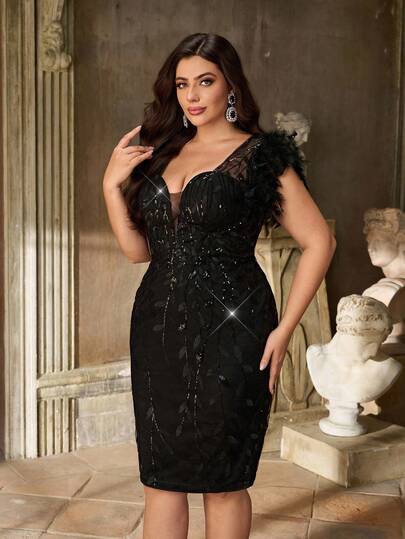 Aureia Plus Size Elegant Luxurious Black Deep V-Neck Bustier Feather Decor Waist Sheer High Waist Bodycon Mini Dress, Suitable For Dating, Singles Party, Graduation, Wedding, Cocktail Party