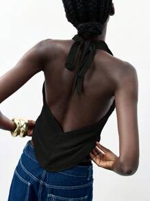 Maija 女士 Y2K 纯色垂坠领时尚吊带背心，适合商务、休闲、都市优雅、现代浪漫，适合派对、万圣节、圣诞节、约会、复古风格 - 黑色 - 查看 2