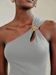 Arave Women's Summer Sleeveless Gray Hollow Metal Button 3D Flower Decoration One Shoulder Tank Top Resort Wear For Women, Vacation Tops, Gold Buttons, Sexy Tops Vacation Outfits Woman Off The Shoulder Top Party Dresses For Women