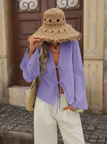 Brillora Woven Solid Color Flared Long Sleeve Loose Regular Fit Ladies Blouse - Mauve Purple - View 6