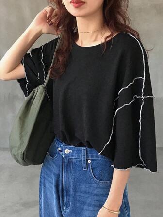 FRIFUL Women's Loose Casual Contrast Stripe Round Neck Dropped Shoulder Blouse, Versatile Beach Wear Long Sleeve Top