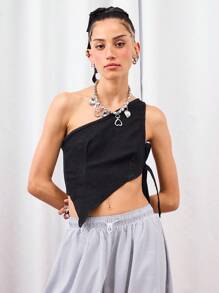 COUREZ 不对称单肩牛仔上衣/Y2K可爱上衣 外出上衣 秋季女装 性感露肩上衣 - 黑色 - 查看 4