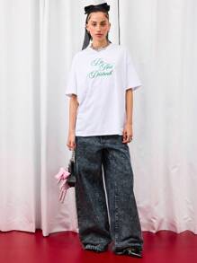 COUREZ 低腰超宽松水洗牛仔裤，后袋饰有蝴蝶结 / Y2K 低腰牛仔裤 秋季女装 秋季外出穿搭 低腰牛仔裤 - 藍色 - 查看 3