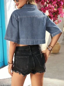 EMERY ROSE 女士休闲短款牛仔衬衫 - 藍色 - 查看 2