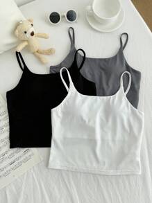 SHEIN Girlism Bộ 3 áo ba lỗ bó sát dành cho bé gái tuổi teen, màu đen/trắng/xám, áo ba lỗ thông thường đa năng, phù hợp với mọi mùa - Nhiều màu - Xem 5