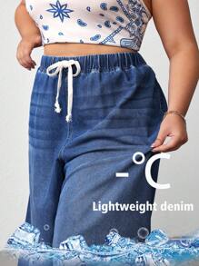 SHEIN CURVE+ 大码宽松阔腿蓝色牛仔裤 - 深色水洗藍 - 查看 2