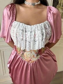 Lyrianda Vestido de cintura con estampado floral romántico vintage patchwork