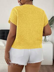 SHEIN Frenchy 大码休闲优雅3D花朵装饰圆领蝙蝠袖宽松针织毛衣 - 黃色 - 查看 2