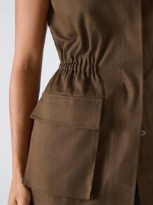 LYSMO 女士秋冬纯色单排扣工装口袋休闲无袖薄款夹克 - 棕色 - 查看 3