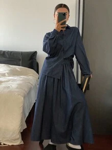 DAZY 女士翻领牛仔衬衫，长袖，宽松版型，后系带腰部设计，宽松长款牛仔裙，休闲牛仔套装 - 中等水洗藍 - 查看 7