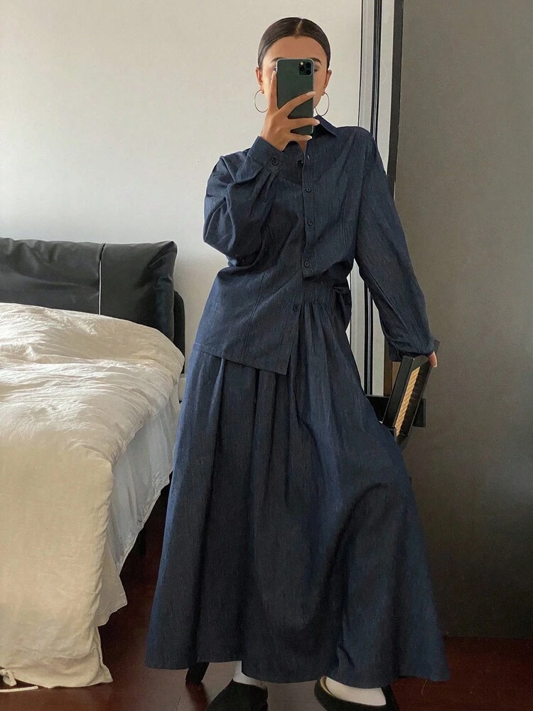 Women's Denim Shirt With Turndown Collar, Long Sleeve, Loose Fit, Back Tie Waist Design, And Loose Fit Long Denim Skirt, Casual Denim Set