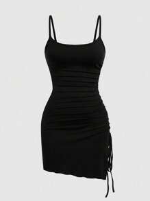 Sweetra CURVE Plus Size Sexy Spaghetti Strap Asymmetric Hem Drawstring Casual Midi Skirt - Black - View 3