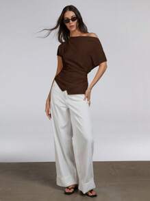Athîral Women's Solid Color Ruched Batwing Short Sleeve Fashionable Blouse,Off The Shoulder Top - Coffee Brown - View 5
