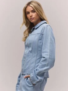 MUSERA 水洗漂白牛仔拼接拉链翻领夹克，仅限秋季穿着，复古乡村风，可爱又时髦，适合返校季、办公室、冬季等各种场合。 - 淺藍色 - 查看 2