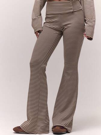 MUSERA Foldover Waist Popper Detail Flared Striped Trousers Only Fall Autumn Old Money Cute Country Cottage Core Back To School Casual Lounge For Women Butterscotch Winter Christmas Thanksgiving