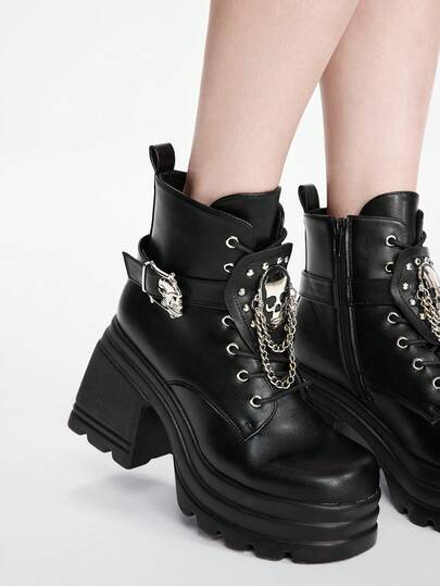 Grunge Punk Women's Metal Eyelets Skull Head Rivet Strap Round Toe Platform Thick Sole Metal Punk Black Ankle Boots, Casual Punk Street Style