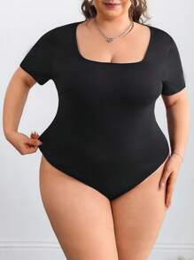 SHEIN CURVE+ 2件装加大码黑白短袖紧身连体衣，女士加大码连体衣，2件装加大码连体衣，曲线身材连体衣 - 黑與白 - 查看 6