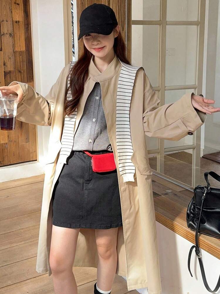 Women's Solid Color Korean Style Casual Long Sleeve Windbreaker Jacket, Suitable For Spring And Autumn Women Coats