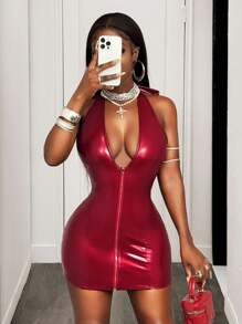 Mistrie 2025 性感镜面 PU 深 V 领修身紧身吊带俱乐部连衣裙 病毒之夜 - 酒紅色 - 查看 5