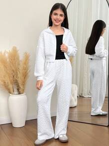 SHEIN Tween Girl Loose Casual Minimalist Comfortable Hoodie And Pants Set Fall Winter - White - View 3
