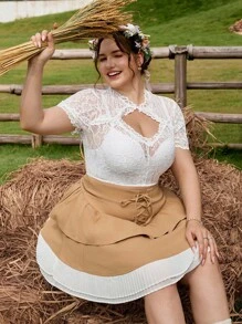 SHEIN Frenchy 大码女式蕾丝镂空设计短袖修身性感上衣、连衣裙 - 白色 - 查看 6