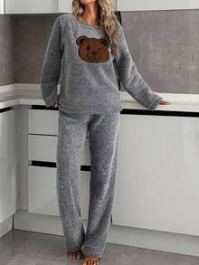 EURMUSE Femmes 2 pièces Ensemble de pyjama mode avec détail d'ours en peluche doux et visage brodé - Gris - Voir 3