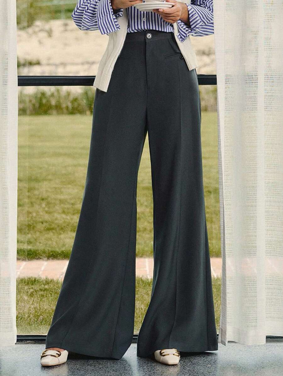 Briarwyn Celana Panjang Wanita Polos dengan Motif Garis-Garis Tusuk Gigi, Longgar, Kasual, Kaki Lebar, Musim Gugur, Kembali ke Sekolah, Gaya Klasik, Guru - Dark Grey - View 1